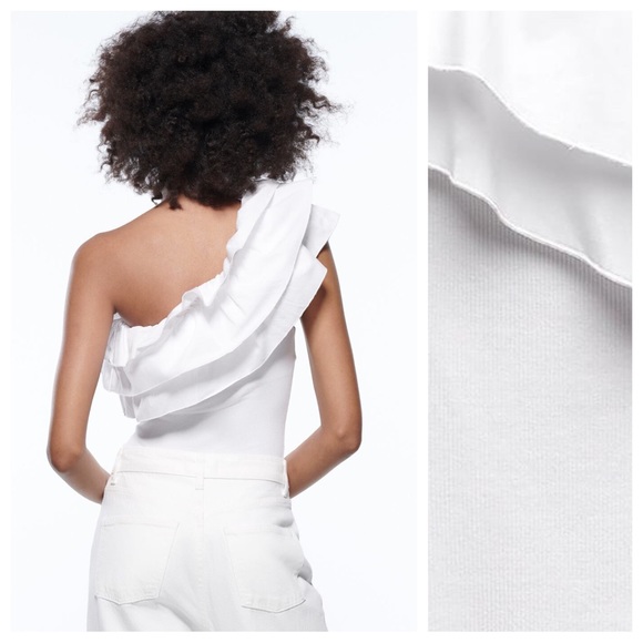 NWT. Zara White Asymmetric Ruffled Bodysuit. Size S, M, L. - Picture 4 of 12